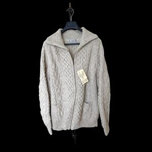 Athena Designs Irish Handknit Wool Zip Cardigan Sweater Oatmeal Mens XL